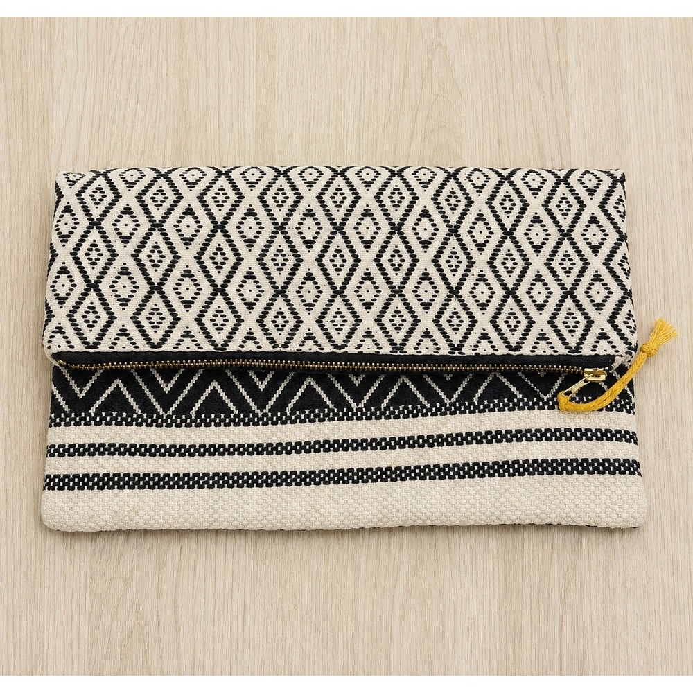 Tribe Alive x Canary Foldable Clutch Black Cream Geometric Cotton Handmade